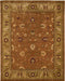 A rectangular traditional area rug with a warm brown center field, an olive green border, and cream and burgundy floral motifs.