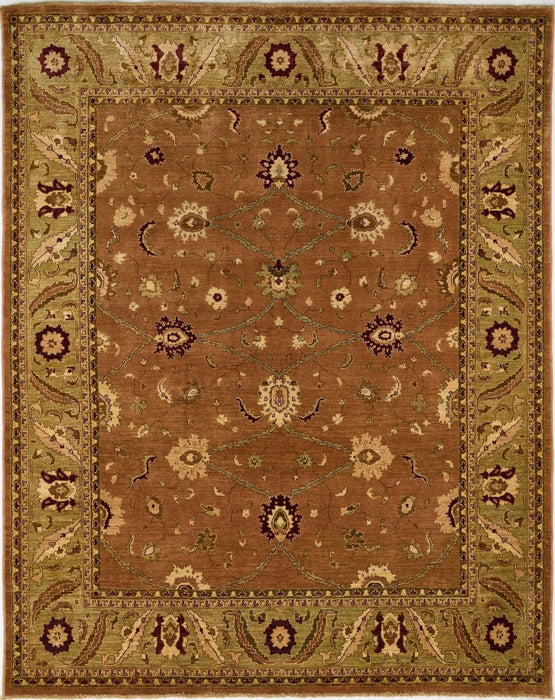 A rectangular traditional area rug with a warm brown center field, an olive green border, and cream and burgundy floral motifs.