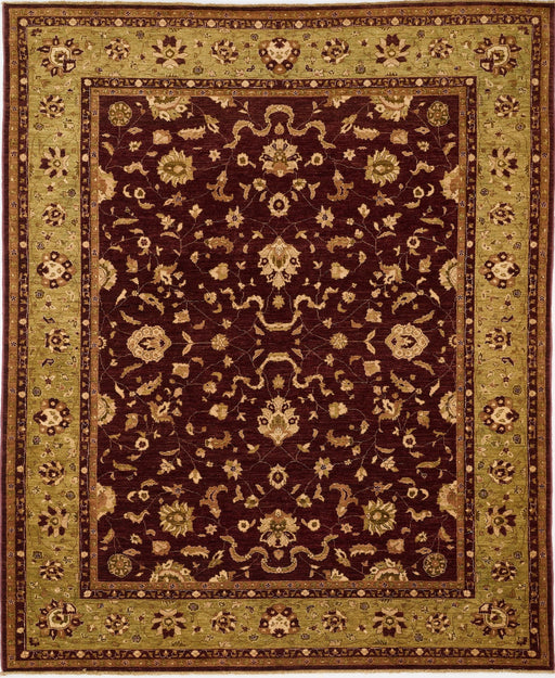 An oriental-style area rug with a dark burgundy center field and a wide beige border, featuring intricate floral and medallion patterns.