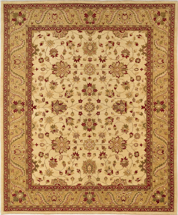 An oriental-style area rug with a cream center field, decorated with intricate floral and vine motifs in rust red, olive green, and tan, surrounded by a wide decorative border.
