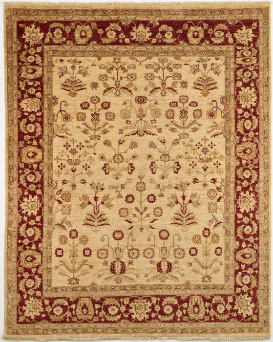 Chobi 8x10 Flower Maroon Border and Ivory Ghazni Wool