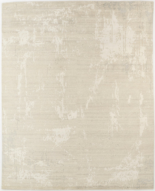 A square area rug with a distressed, textured pattern in cream, beige, and light gray tones.
