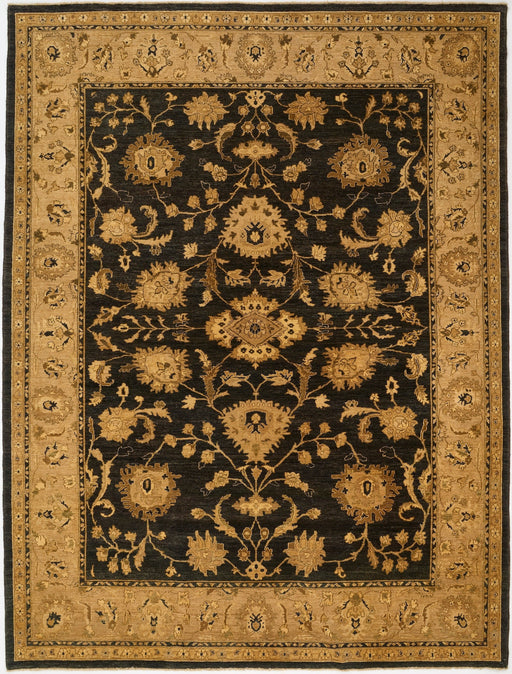 An oriental-style area rug with a black central field and a wide tan border, featuring an intricate floral and vine pattern.
