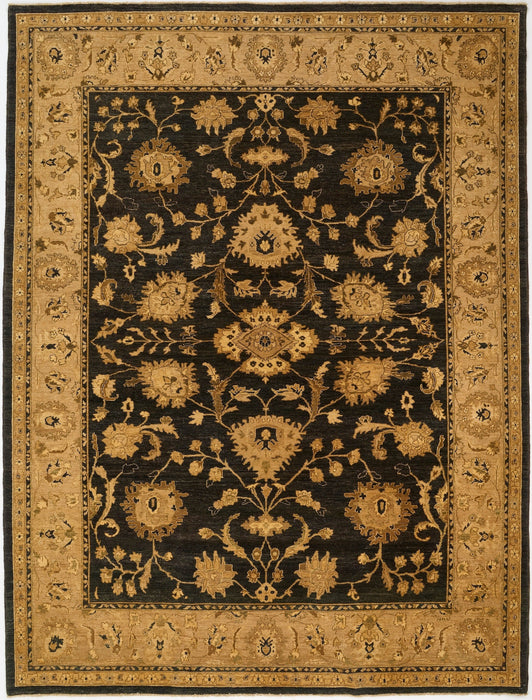 An oriental-style area rug with a black central field and a wide tan border, featuring an intricate floral and vine pattern.