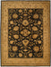 An oriental-style area rug with a black central field and a wide tan border, featuring an intricate floral and vine pattern.