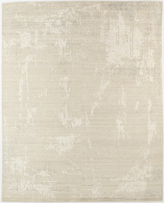 A square area rug with a distressed, textured pattern in cream, beige, and light gray tones.