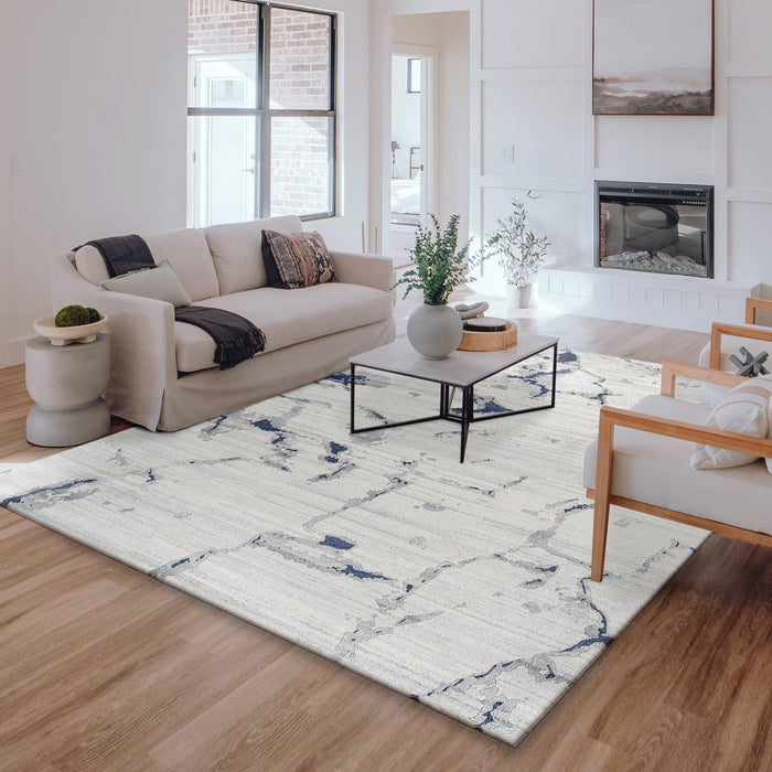 Marble Off-White Indigo Blue Wool and Bamboo Silk