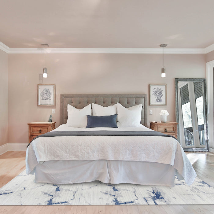 Marble Off-White Indigo Blue Wool and Bamboo Silk