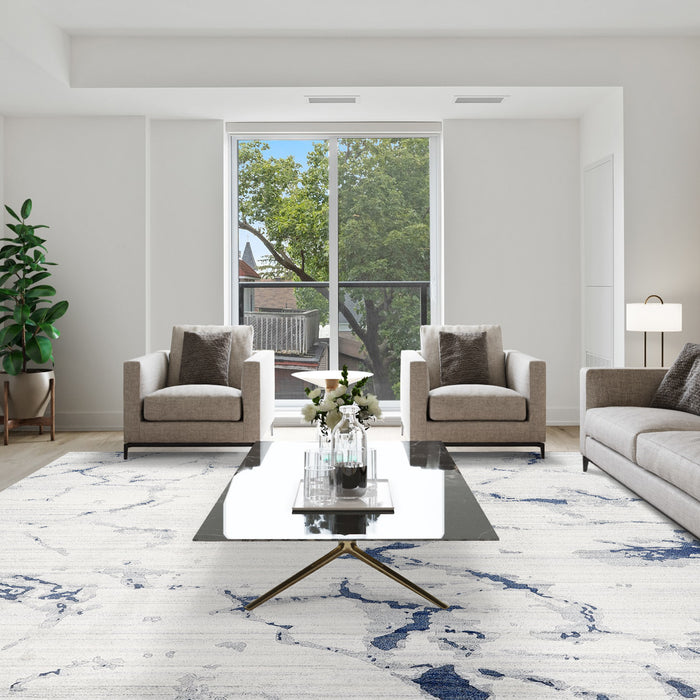 Marble Off-White Indigo Blue Wool and Bamboo Silk