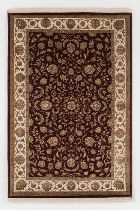 5x7 Indo Persian Burgundy and Ivory Wool and Silk Embossed