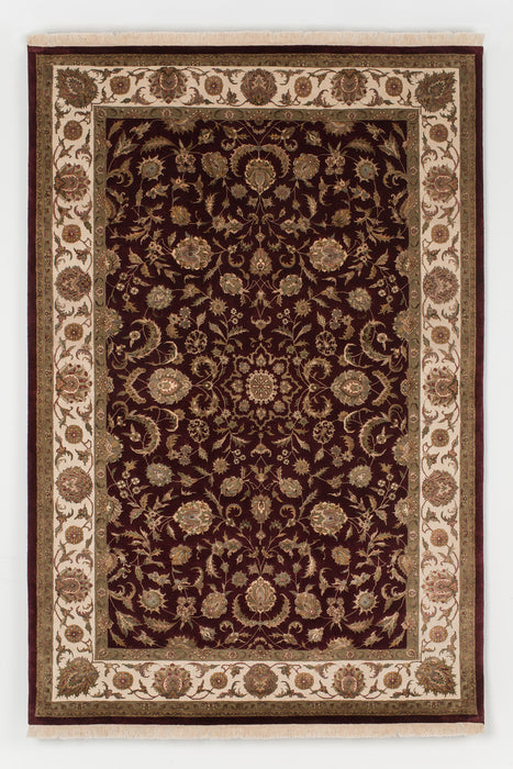 Indo Persian 5x7 Burgundy/Ivory Wool and Silk Embossed