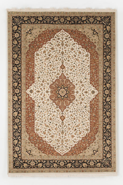 New Tabriz 6x9 Beige/Black Wool and Silk