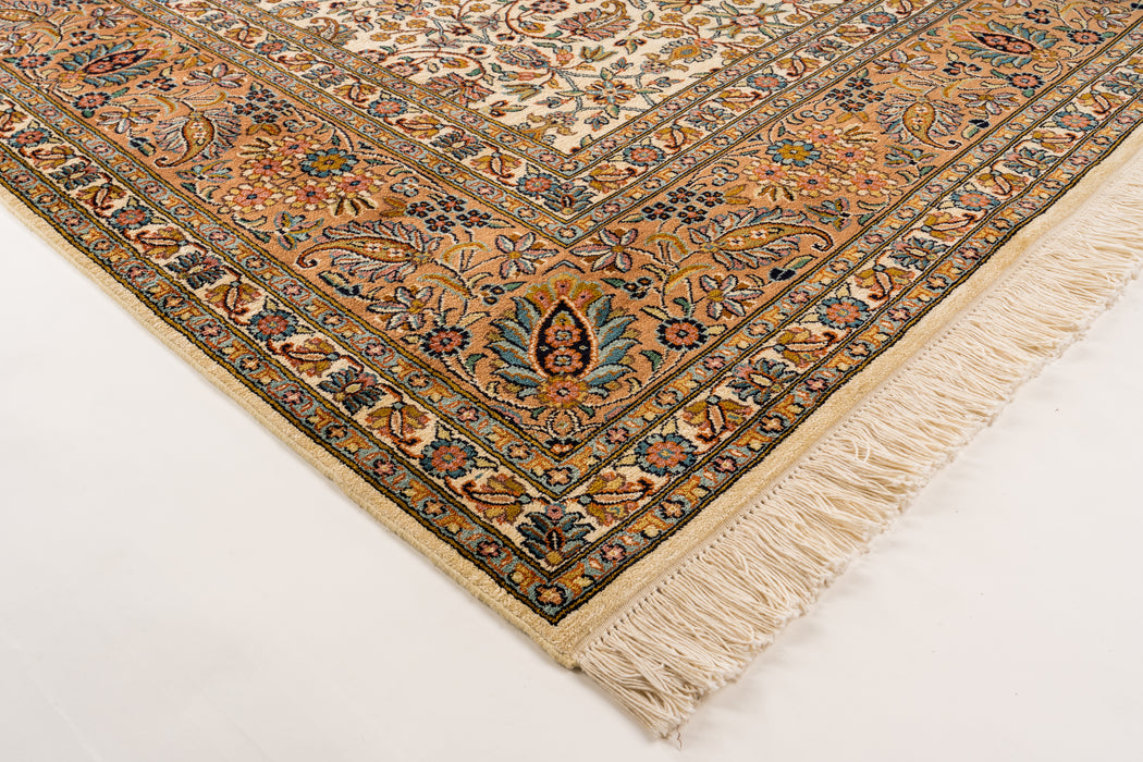 8x10 Kashan Silk Ivory, Blue and Rust