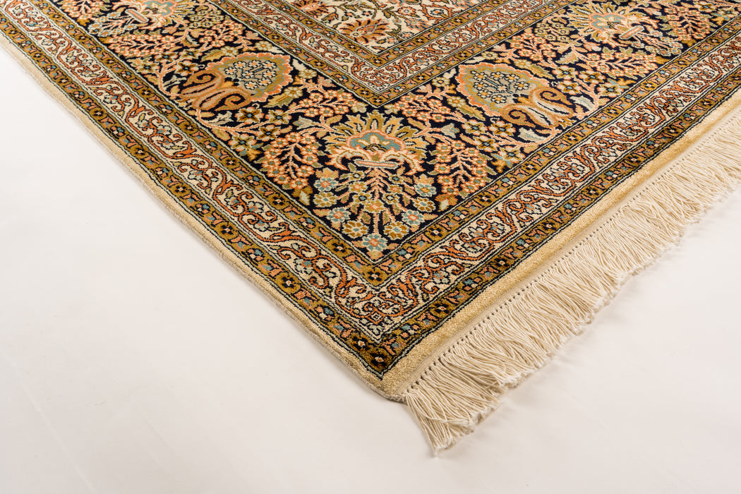 8x10 Kashan Silk Ivory, Black and Rust