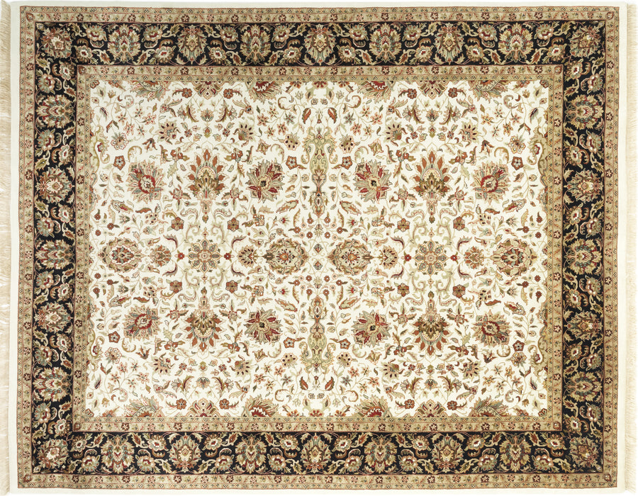 8x10 Indo Persian Ivory/Black Wool and Silk