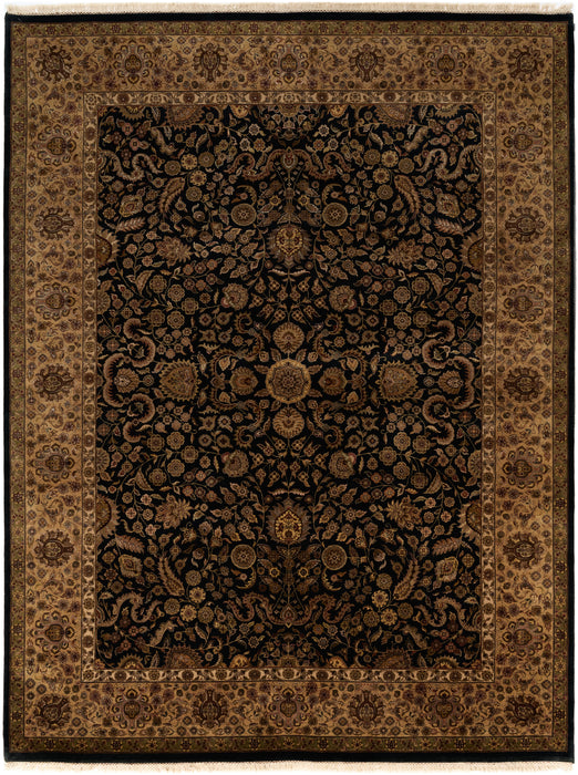 9x12 Antique Finish Black/Beige Wool and Silk