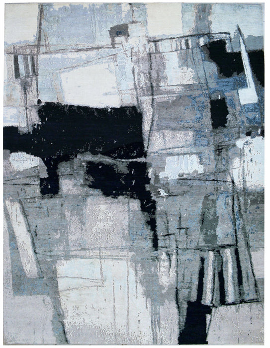 Guernica 6x9 Black/Ivory/Ice Blue Wool and Silk