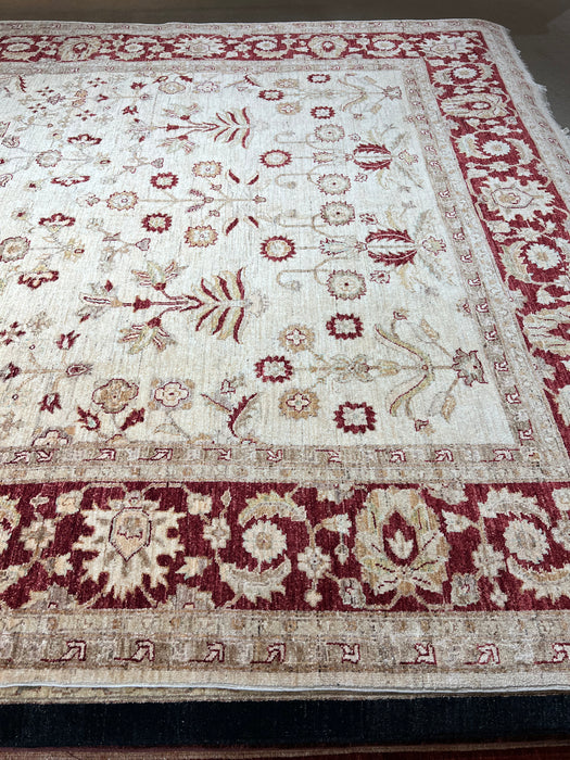 8x10 Chobi Flower Maroon Border and Ivory Ghazni Wool