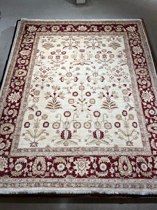 8x10 Chobi Flower Maroon Border and Ivory Ghazni Wool